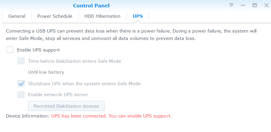 Synology Enable UPS Support Screen